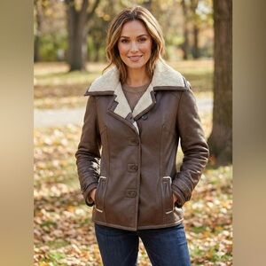 DANIER Brown Genuine Leather Sherpa Lined Jacket Coat Boho Chic, Medium